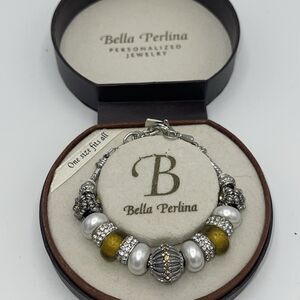 Bella Perlina Silver, White & Gold Beaded Slide Charm Bracelet New